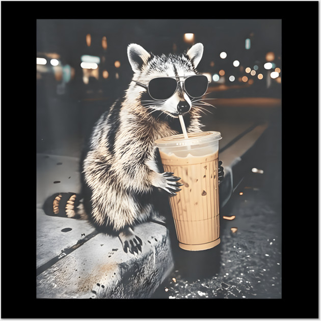 Raccoon-Drinking-Iced-Coffee Wall Art by dtr_art