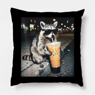 Raccoon-Drinking-Iced-Coffee Pillow