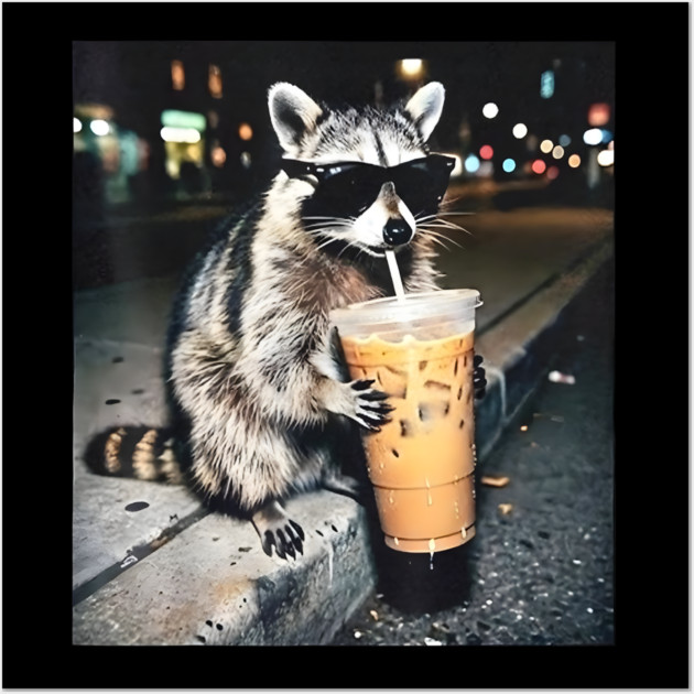 Raccoon-Drinking-Iced-Coffee Wall Art by dtr_art