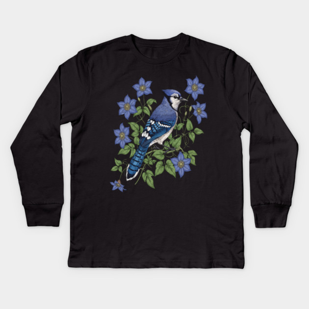 Blue Jay Woodland Songbird Kids Long Sleeve T-Shirt by BirdsnStuff