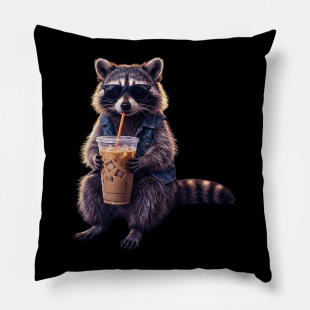 raccoon-drinking-iced-coffee Pillow by Creatifly Graphic Tees