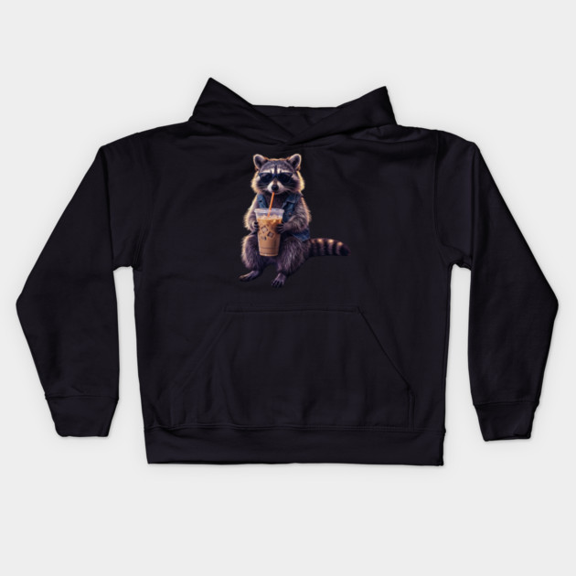 raccoon-drinking-iced-coffee Kids Hoodie by Creatifly Graphic Tees