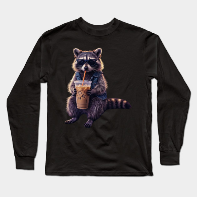 raccoon-drinking-iced-coffee Long Sleeve T-Shirt by Creatifly Graphic Tees