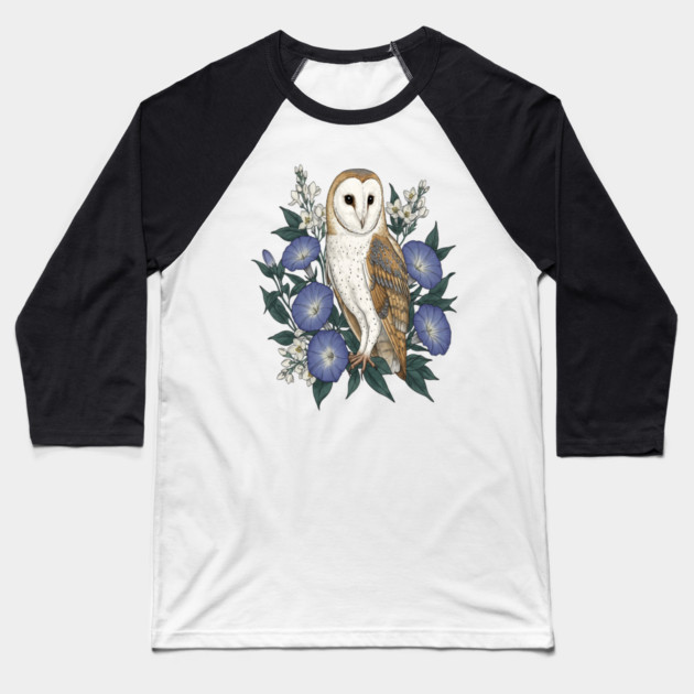 Barn Owl Woodland Floral Design Baseball T-Shirt by BirdsnStuff