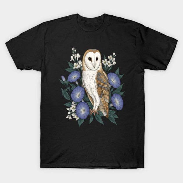 Barn Owl Woodland Floral Design T-Shirt by BirdsnStuff