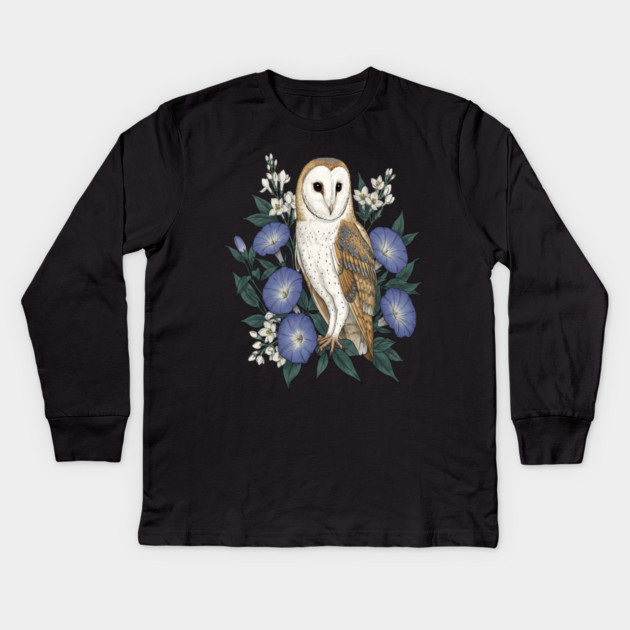 Barn Owl Woodland Floral Design Kids Long Sleeve T-Shirt by BirdsnStuff