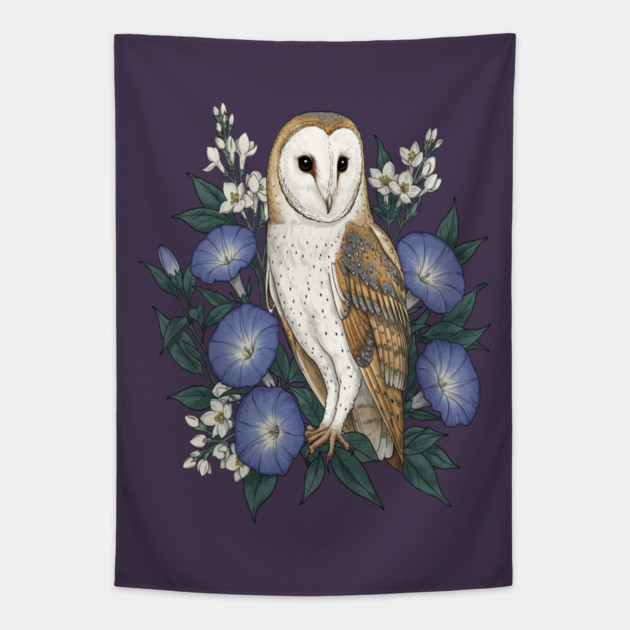 Barn Owl Woodland Floral Design Tapestry by BirdsnStuff