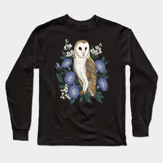 Barn Owl Woodland Floral Design Long Sleeve T-Shirt by BirdsnStuff