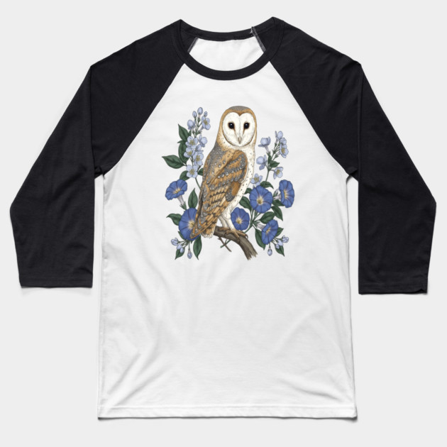 Barn Owl Morning Glory Wildlife Art Baseball T-Shirt by BirdsnStuff