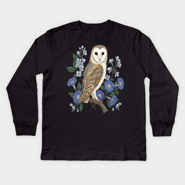 Barn Owl Morning Glory Wildlife Art Kids Long Sleeve T-Shirt by BirdsnStuff