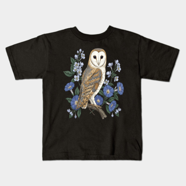 Barn Owl Morning Glory Wildlife Art Kids T-Shirt by BirdsnStuff