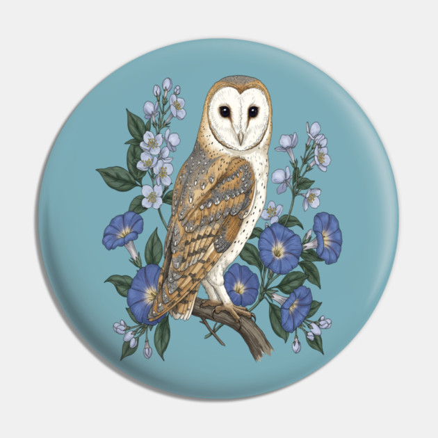 Barn Owl Morning Glory Wildlife Art Pin by BirdsnStuff