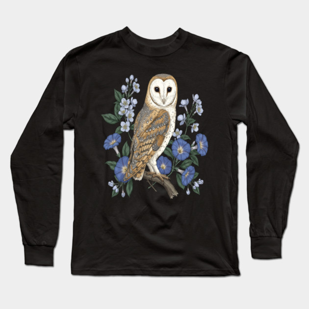 Barn Owl Morning Glory Wildlife Art Long Sleeve T-Shirt by BirdsnStuff