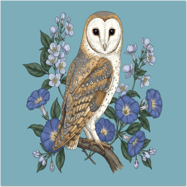 Barn Owl Morning Glory Wildlife Art Wall Art by BirdsnStuff