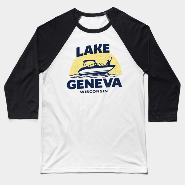 Lake Geneva b lue and yellow Baseball T-Shirt by CrazyGirl