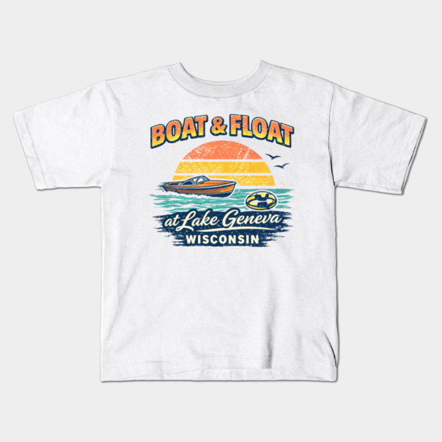 Boat and Float at Lake Geneva, Wisconsin Kids T-Shirt by CrazyGirl