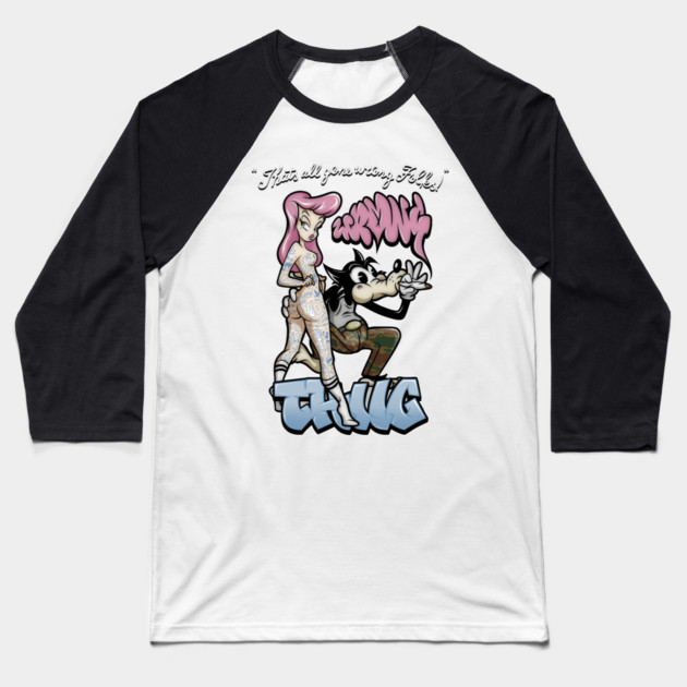 Thug Life Cartoon Shirt - Retro Gangster Wolf Pin Up Parody Baseball T-Shirt by Wrong