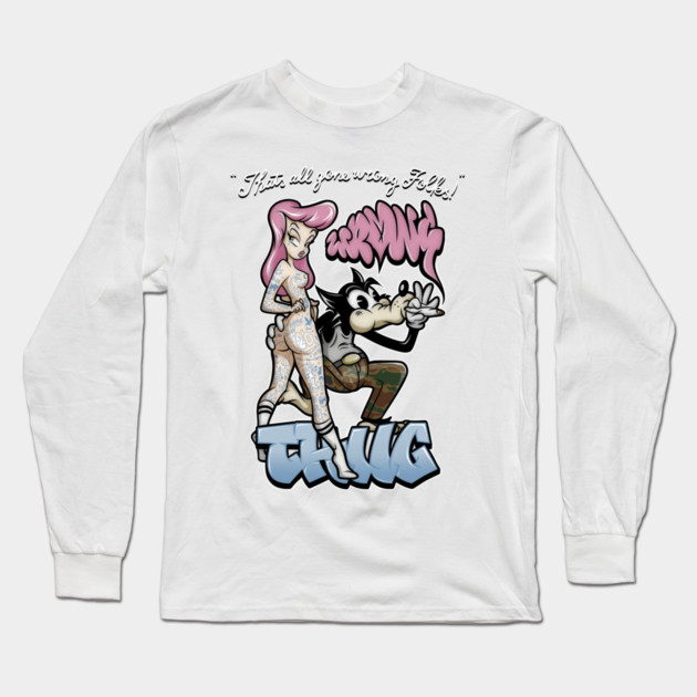 Thug Life Cartoon Shirt - Retro Gangster Wolf Pin Up Parody Long Sleeve T-Shirt by Wrong