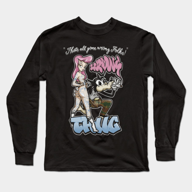 Thug Life Cartoon Shirt - Retro Graffiti Wolf & Pin Up Parody Long Sleeve T-Shirt by Wrong
