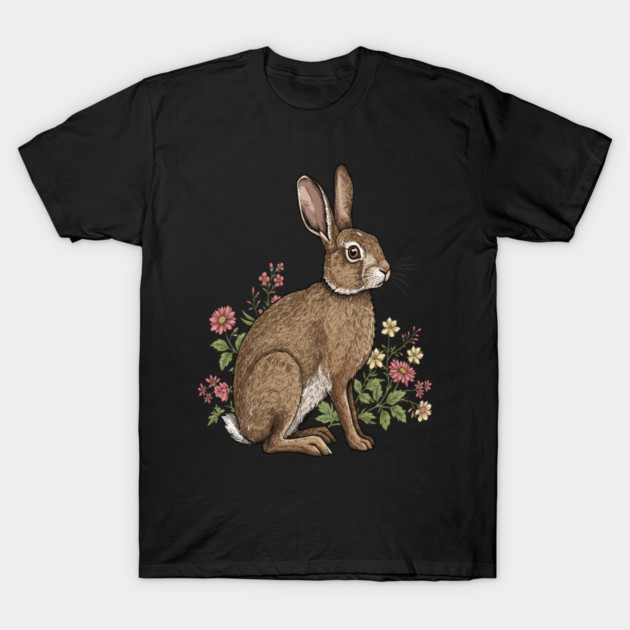 Woodland Rabbit Floral Wildlife Art T-Shirt by BirdsnStuff