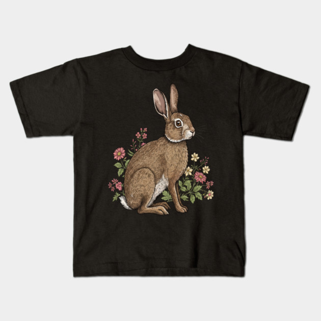 Woodland Rabbit Floral Wildlife Art Kids T-Shirt by BirdsnStuff
