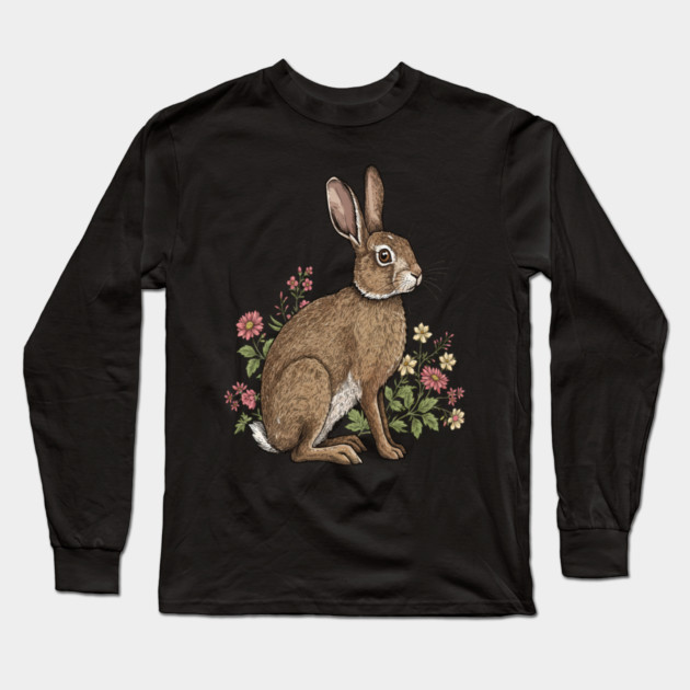Woodland Rabbit Floral Wildlife Art Long Sleeve T-Shirt by BirdsnStuff
