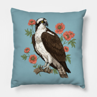 Osprey with Coral Blossoms Bird Art Pillow
