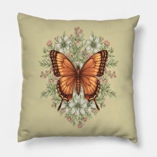Vintage Butterfly Floral Illustration Pillow