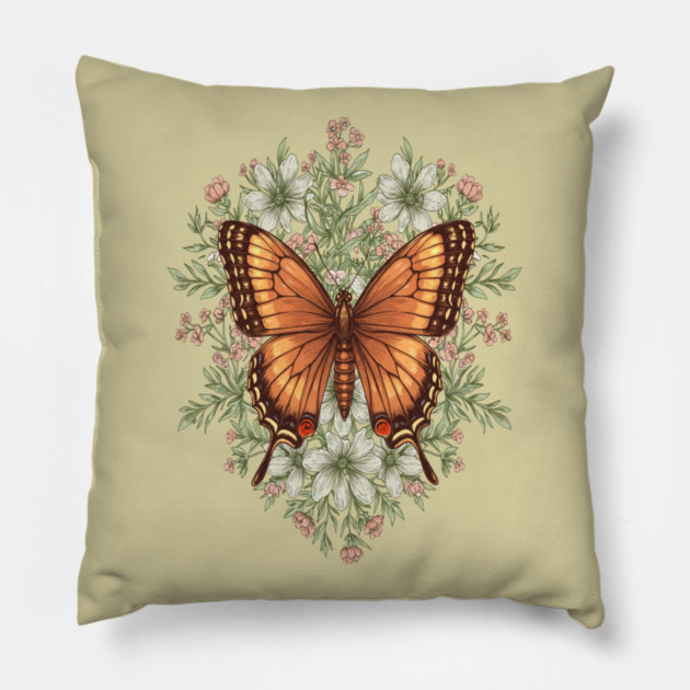 Vintage Butterfly Floral Illustration Pillow by BirdsnStuff