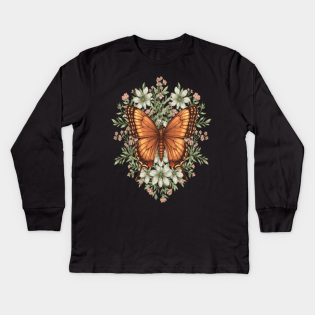 Vintage Butterfly Floral Illustration Kids Long Sleeve T-Shirt by BirdsnStuff