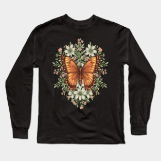 Vintage Butterfly Floral Illustration Long Sleeve T-Shirt