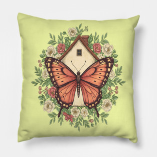 Butterfly Cottage Floral Illustration Pillow