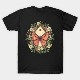 Butterfly Cottage Floral Illustration T-Shirt
