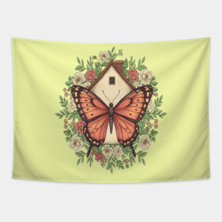 Butterfly Cottage Floral Illustration Tapestry