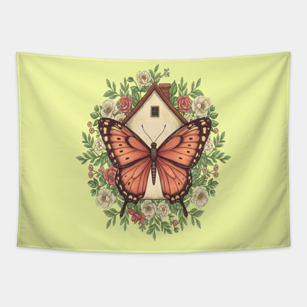 Butterfly Cottage Floral Illustration Tapestry by BirdsnStuff