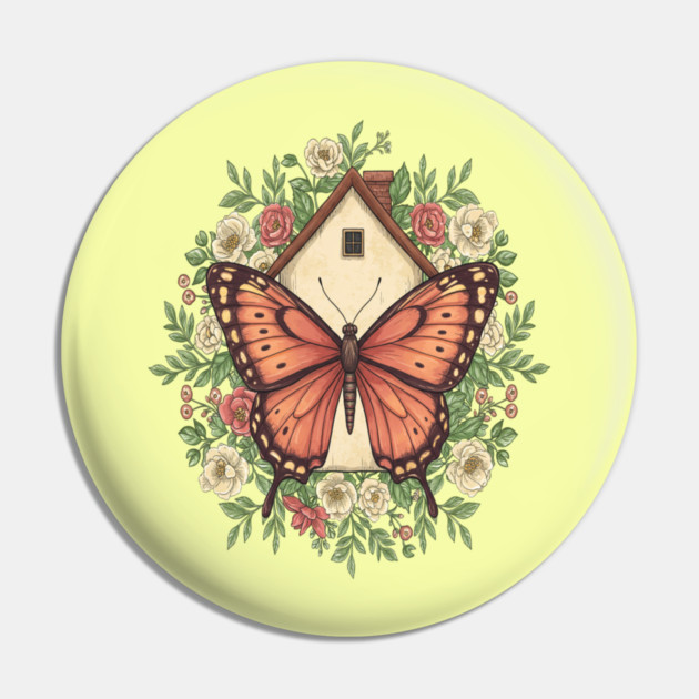 Butterfly Cottage Floral Illustration Pin by BirdsnStuff