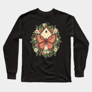 Butterfly Cottage Floral Illustration Long Sleeve T-Shirt