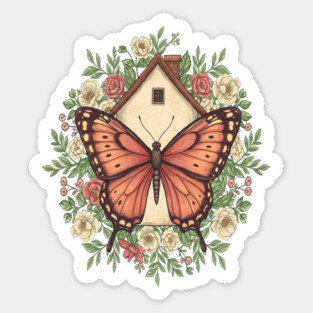 Butterfly Cottage Floral Illustration Sticker