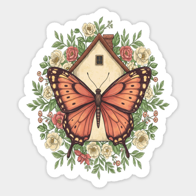 Butterfly Cottage Floral Illustration Magnet by BirdsnStuff
