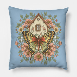 Butterfly Cottage Garden Illustration Pillow
