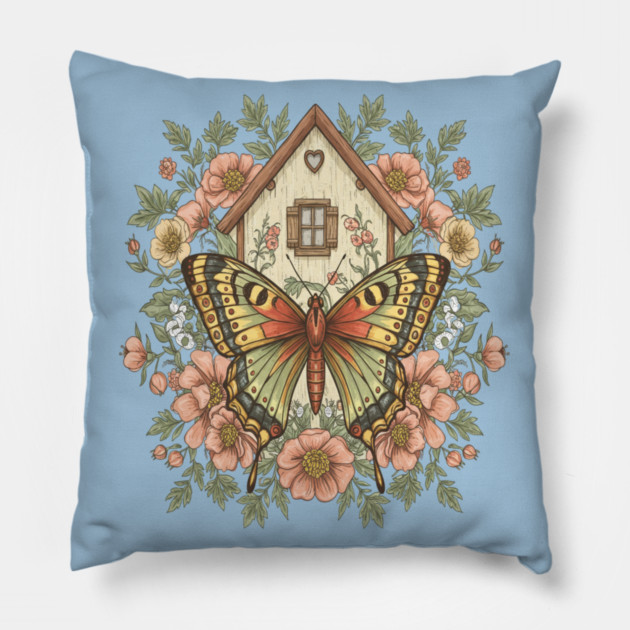 Butterfly Cottage Garden Illustration Pillow by BirdsnStuff