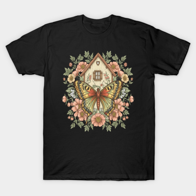 Butterfly Cottage Garden Illustration T-Shirt by BirdsnStuff