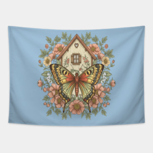 Butterfly Cottage Garden Illustration Tapestry