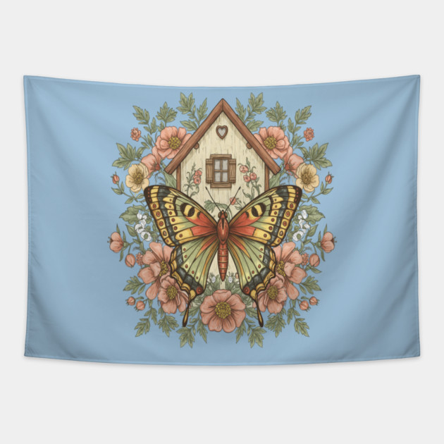Butterfly Cottage Garden Illustration Tapestry by BirdsnStuff