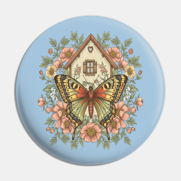 Butterfly Cottage Garden Illustration Pin by BirdsnStuff