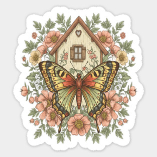 Butterfly Cottage Garden Illustration Sticker