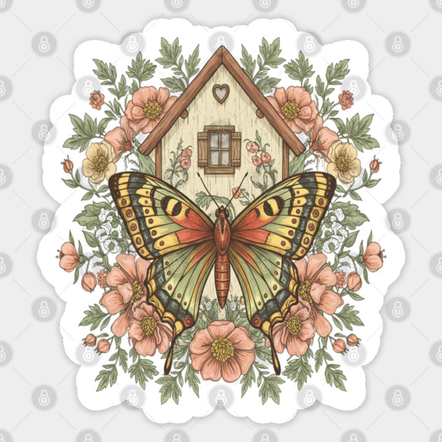Butterfly Cottage Garden Illustration Sticker by BirdsnStuff