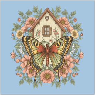 Butterfly Cottage Garden Illustration Posters and Art
