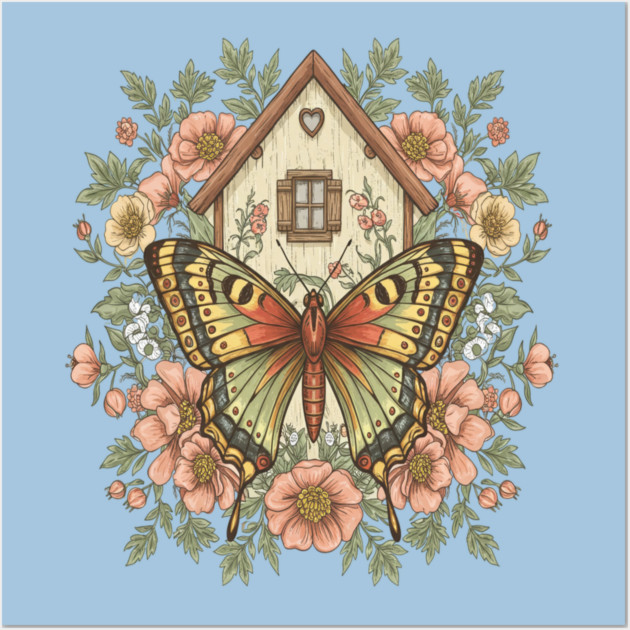 Butterfly Cottage Garden Illustration Wall Art by BirdsnStuff