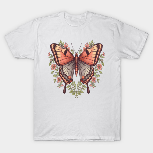 Vintage Butterfly Floral Heart Shaped Art T-Shirt by BirdsnStuff
